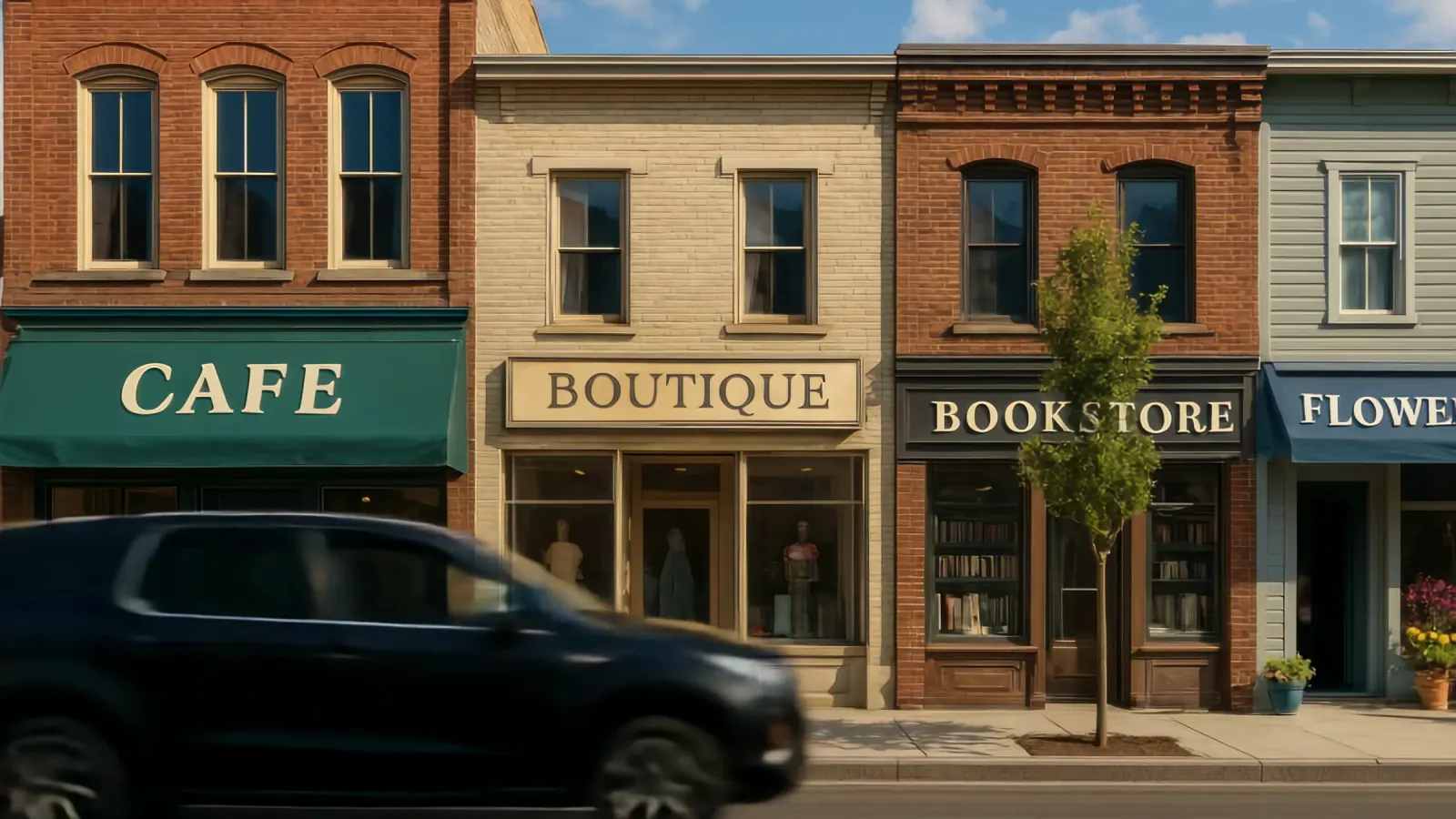 A row of shopfronts on a quiet street, a bookshop among them.